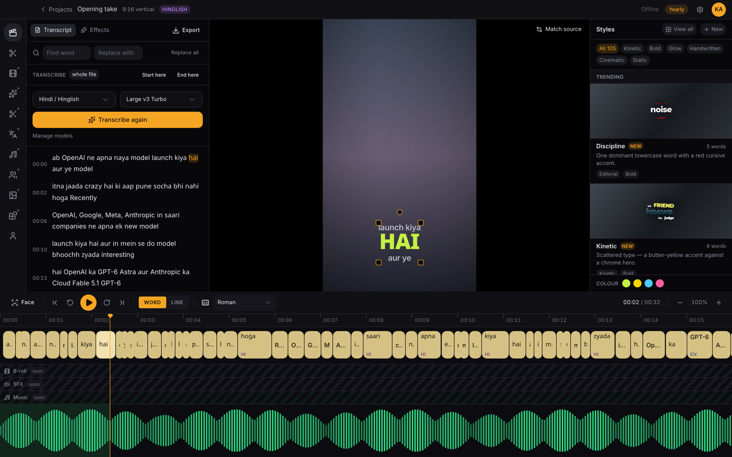 The Essy editor: a Hinglish transcript, the video with a styled caption on it, the style gallery, and a word-level timeline.